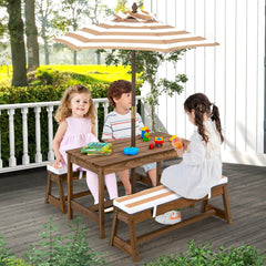 Kids Picnic Table and Bench Set with Cushions and Height Adjustable Umbrella-Brown