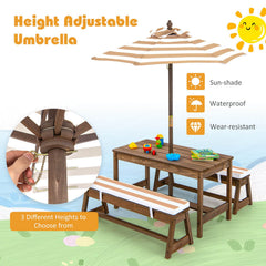 Kids Picnic Table and Bench Set with Cushions and Height Adjustable Umbrella-Brown