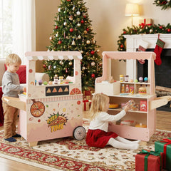 Kids Pizza Food Truck Wooden Pretend Play Snack Cart with Oven-Pink