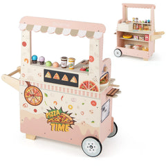 Kids Pizza Food Truck Wooden Pretend Play Snack Cart with Oven-Pink