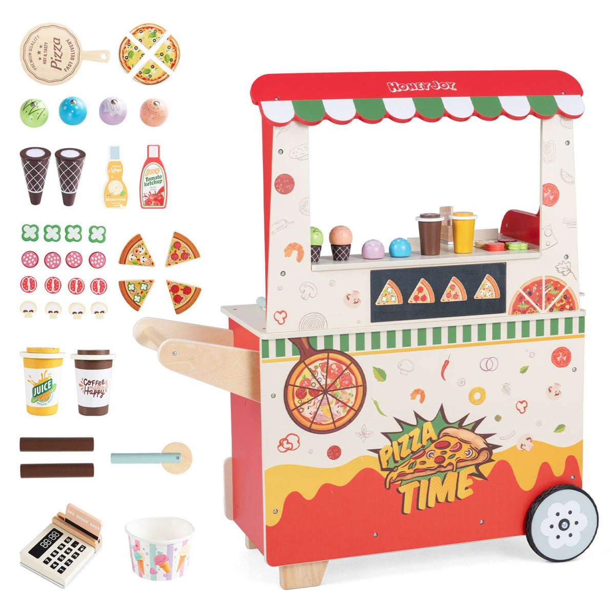 Kids Pizza Food Truck Wooden Pretend Play Snack Cart with Oven-Red