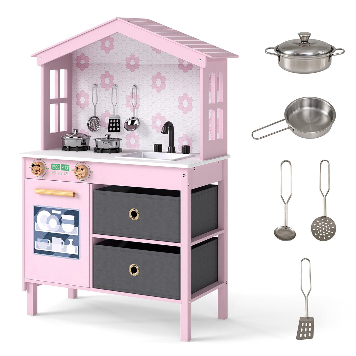 Kids Play Kitchen Children Toy Kitchen Playset with 2 Stoves and Rotation Knobs-Pink