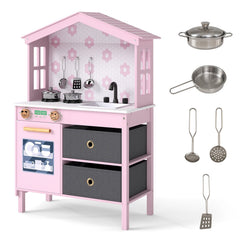 Kids Play Kitchen Children Toy Kitchen Playset with 2 Stoves and Rotation Knobs-Pink