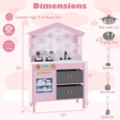 Kids Play Kitchen Children Toy Kitchen Playset with 2 Stoves and Rotation Knobs-Pink