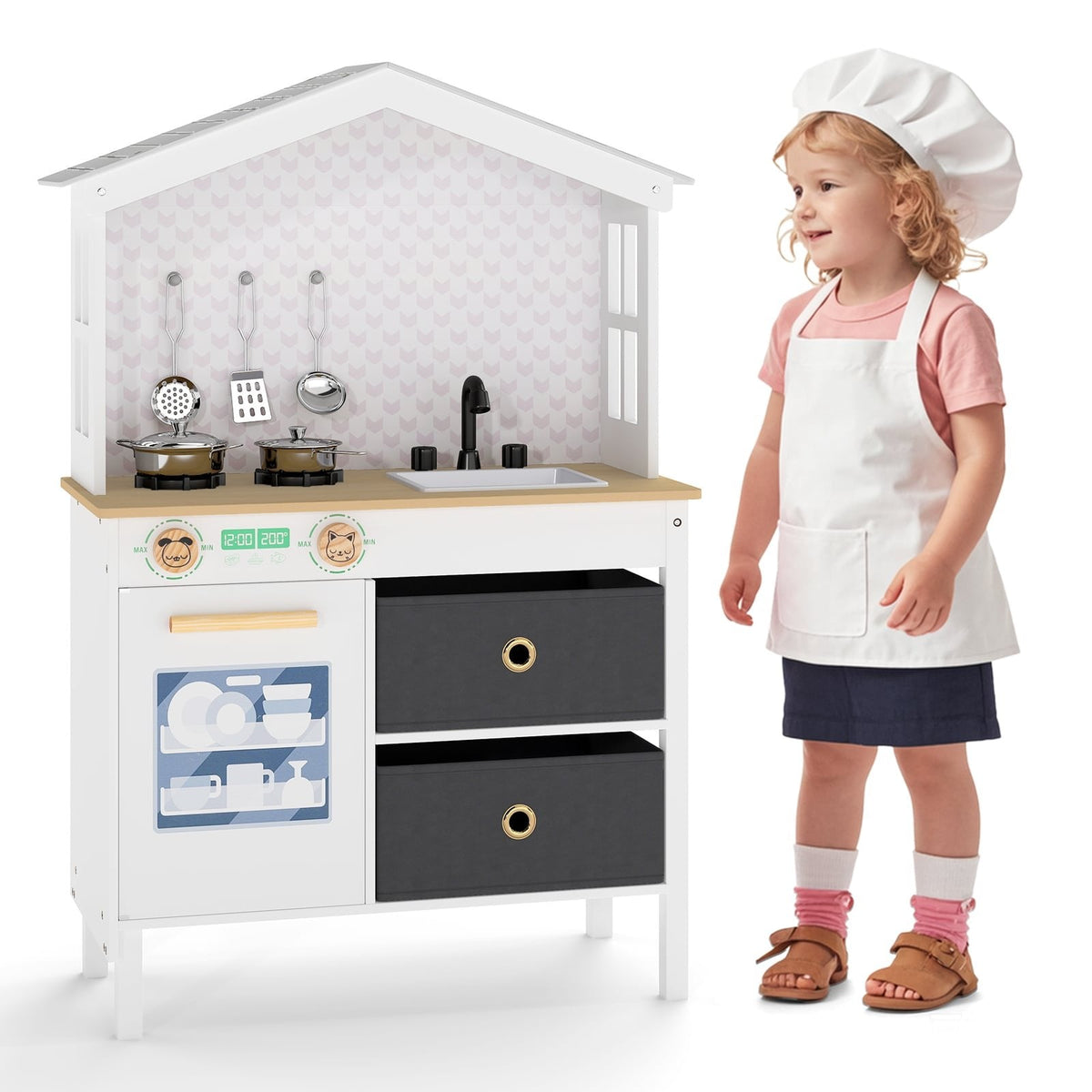 Kids Play Kitchen Children Toy Kitchen Playset with 2 Stoves and Rotation Knobs-White