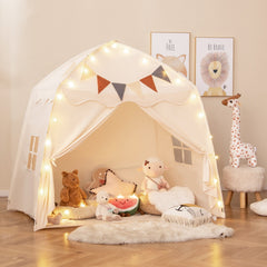 Kids Play Tent Bed Tent with String Lights Extra Large Playhouse Tent-Beige