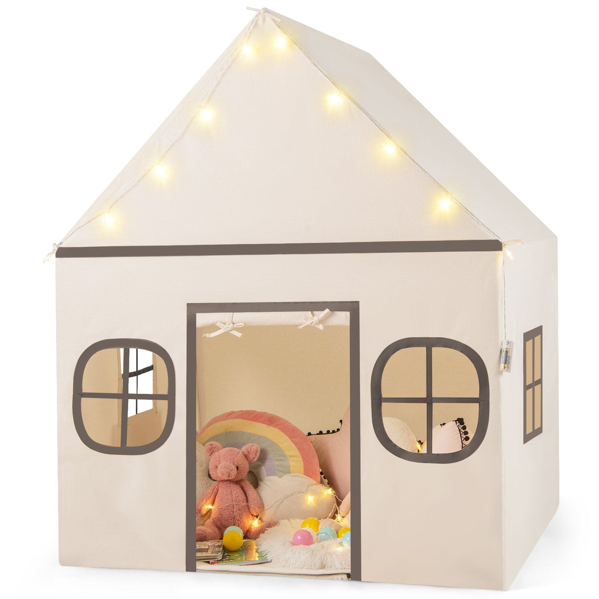 Kids Play Tent Large Playhouse with Door Curtain and Windows Star Lights-Beige