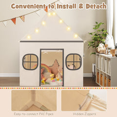 Kids Play Tent Large Playhouse with Door Curtain and Windows Star Lights-Beige