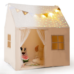 Kids Play Tent Large Playhouse with Glow in the Dark Stars and Mat-Beige