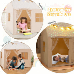 Kids Play Tent Large Playhouse with Glow in the Dark Stars and Mat-Beige