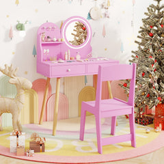 Kids Princess Makeup Dressing Desk and Chair Set with Mirror and Lights-Pink