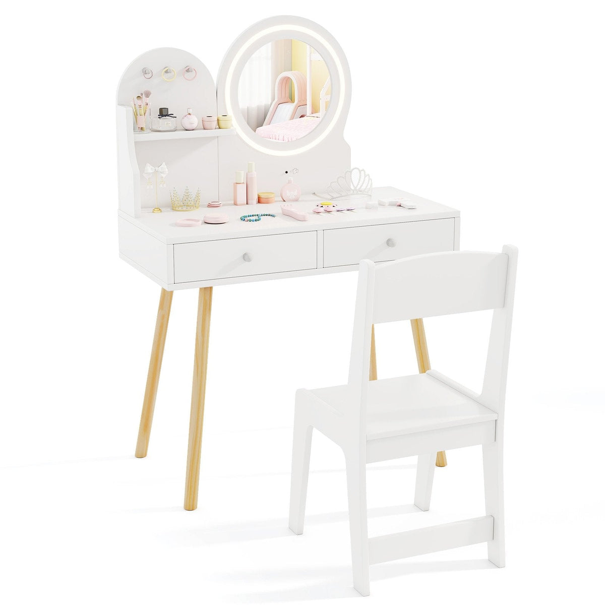 Kids Princess Makeup Dressing Desk and Chair Set with Mirror and Lights-White