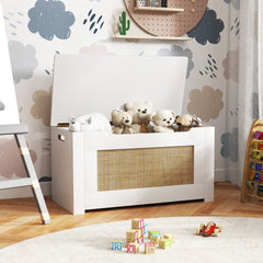 Kids Rattan Toy Storage Box with Flip Top Lid and Safety Hinge Handles-White