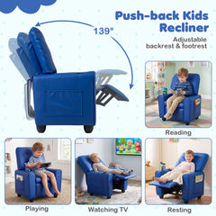 Kids Recliner with Cup Holder & Armrests and Adjustable Backrest Footrest-Blue