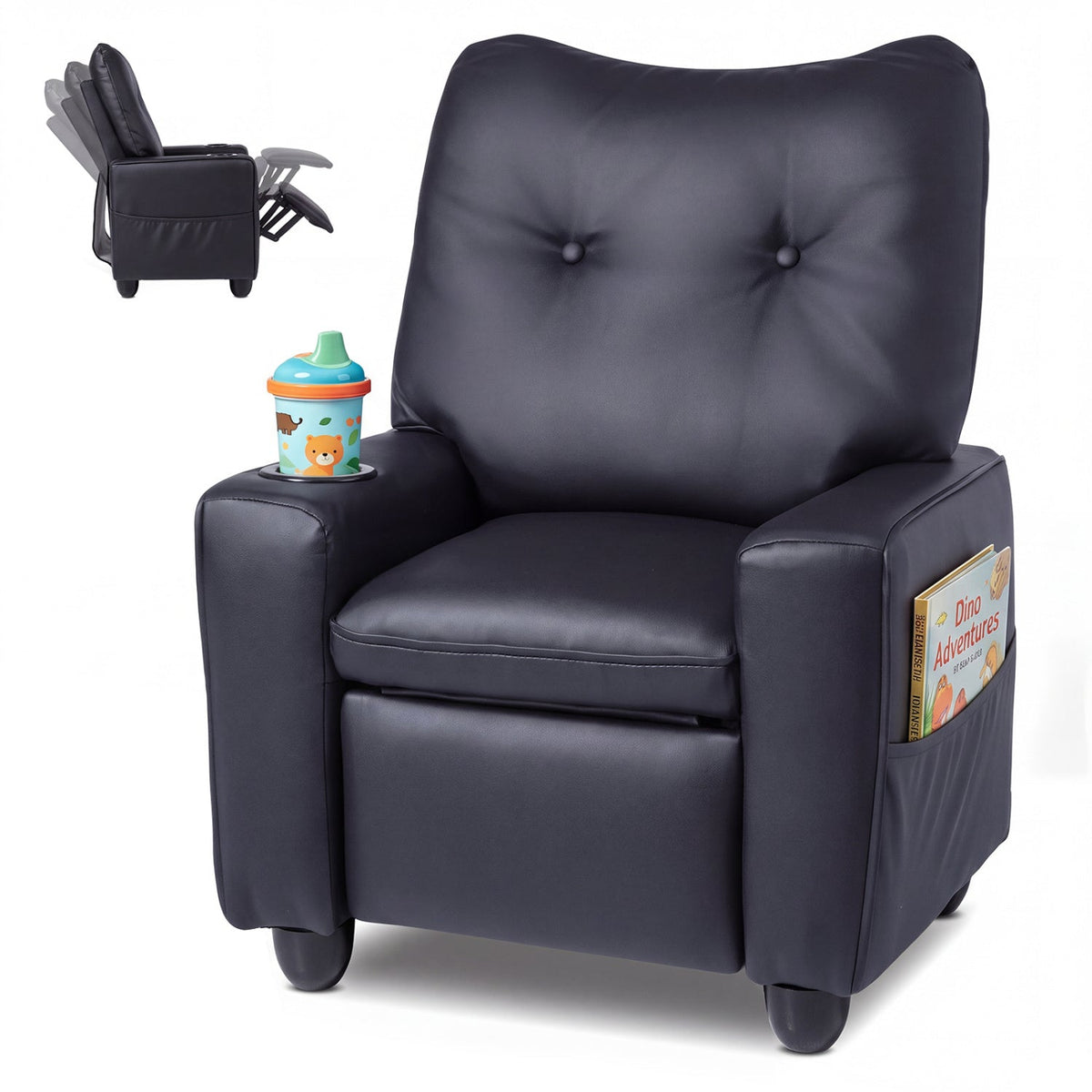 Kids Recliner with Cup Holder Armrests and Adjustable Backrest for Playroom-Black