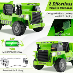 12V Kids Ride On Dump Truck with Electric 33 Degree Tipping Bed and Parent Remote, Green