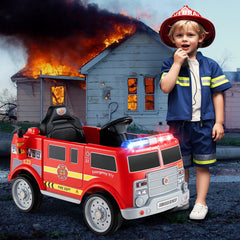 12V Kids Ride On Fire Truck with Extinguisher, Loudspeaker and Parent Remote, Red