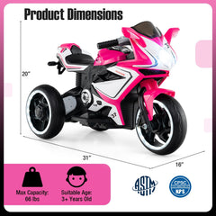 6V 3 Wheel Kids Ride On Sportsbike with Soft Start, Contoured Seat and LED Headlight, Pink