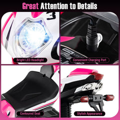 6V 3 Wheel Kids Ride On Sportsbike with Soft Start, Contoured Seat and LED Headlight, Pink