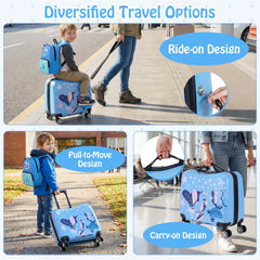 Kids Ride-on Suitcase and Backpack Set with Lanyard for Travel-Blue