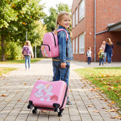 Kids Ride-on Suitcase and Backpack Set with Lanyard for Travel-Pink