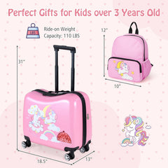Kids Ride-on Suitcase and Backpack Set with Lanyard for Travel-Pink