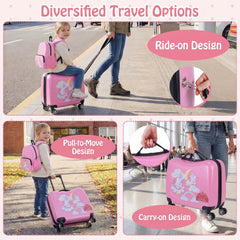 Kids Ride-on Suitcase and Backpack Set with Lanyard for Travel-Pink