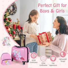 Kids Ride-on Suitcase and Backpack Set with Lanyard for Travel-Pink