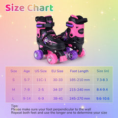 Kids Roller Skates for Girls Boys 4 Sizes Adjustable Quad Skates with Light-up Wheels-Pink