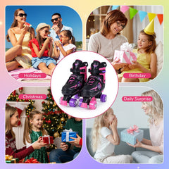 Kids Roller Skates for Girls Boys Teens 4 Sizes Adjustable Quad Skates with Light-up Wheels-Pink