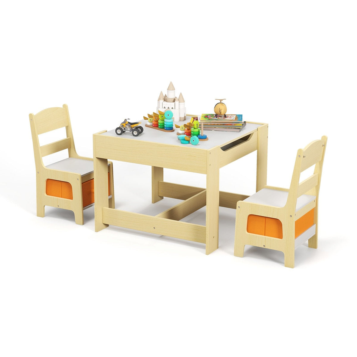 3 Piece Kids Table and 2 Chair Set with Reversible Whiteboard and Blackboard Top, Natural