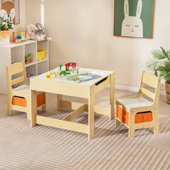 3 Piece Kids Table and 2 Chair Set with Reversible Whiteboard and Blackboard Top, Natural