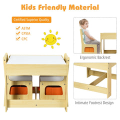 3 Piece Kids Table and 2 Chair Set with Reversible Whiteboard and Blackboard Top, Natural