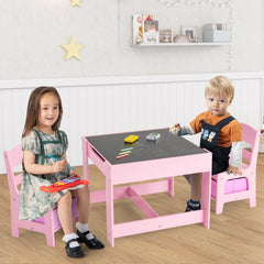 3 Piece Kids Table and 2 Chair Set with Reversible Board Top and Storage, Pink