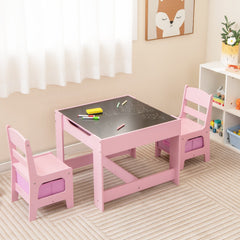 3 Piece Kids Table and 2 Chair Set with Reversible Board Top and Storage, Pink