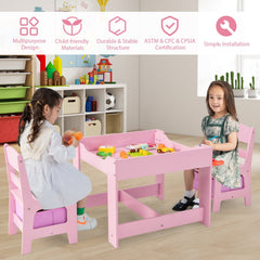 3 Piece Kids Table and 2 Chair Set with Reversible Board Top and Storage, Pink