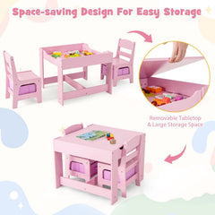 3 Piece Kids Table and 2 Chair Set with Reversible Board Top and Storage, Pink