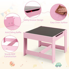 3 Piece Kids Table and 2 Chair Set with Reversible Board Top and Storage, Pink