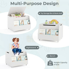 Wooden Mobile Toy Storage Organizer with Bookshelf and Lockable Wheels-White