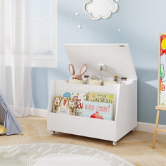 Wooden Mobile Toy Storage Organizer with Bookshelf and Lockable Wheels-White