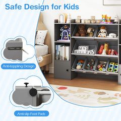 Kids Toy Storage and Bookshelf with Boxes and Open Shelves-Gray