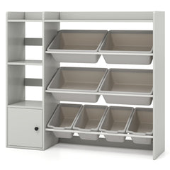 Kids Toy Storage and Bookshelf with Open Shelves and Single-door Cabinet-Gray