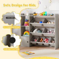 Kids Toy Storage and Bookshelf with Open Shelves and Single-door Cabinet-Gray