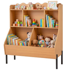 Kids Toy Storage Organizer Wooden Montessori Bookshelf with 5 Storage Cubes-Natural