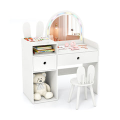 Kids Vanity Desk and Chair Set with Lights, Open Shelves-White