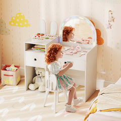 Kids Vanity Desk and Chair Set with Lights, Open Shelves-White