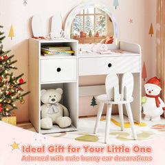 Kids Vanity Desk and Chair Set with Lights, Open Shelves-White