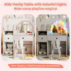 Kids Vanity Desk and Chair Set with Lights, Open Shelves-White