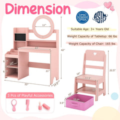 Kids Vanity Desk with Mirror and Lights Princess Pretend Play Dressing Table and Chair Set-Pink