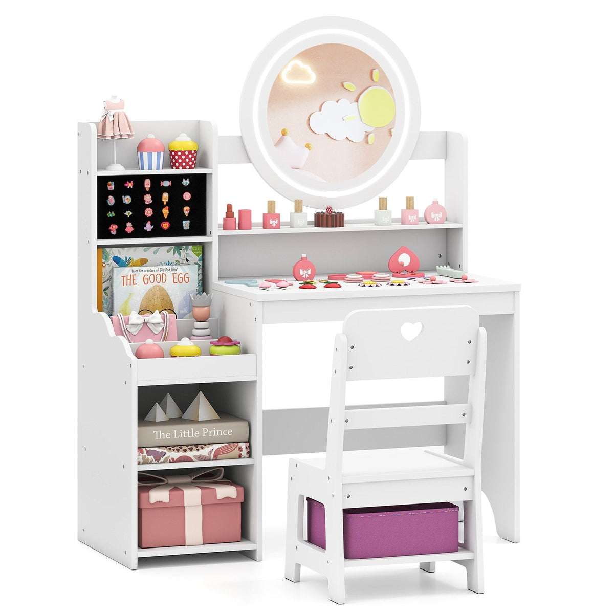 Kids Vanity Desk with Mirror and Lights Princess Pretend Play Dressing Table and Chair Set-White